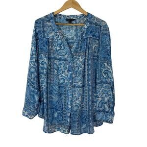 Zac & Rachel Button Up Top Blue White Paisley 1X Boho Festival Casual Roll Tab